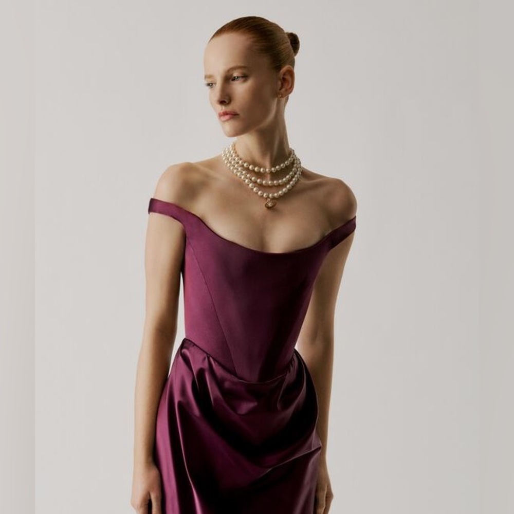 Vivienne Westwood Off-Shoulder Plum Satin Evening Gown - Picture 3 of 14